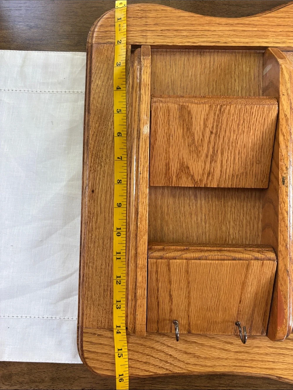 Vintage Oak Wood Wall Organizer with Cork Board, Mail Slots, and Key Hooks 22x16